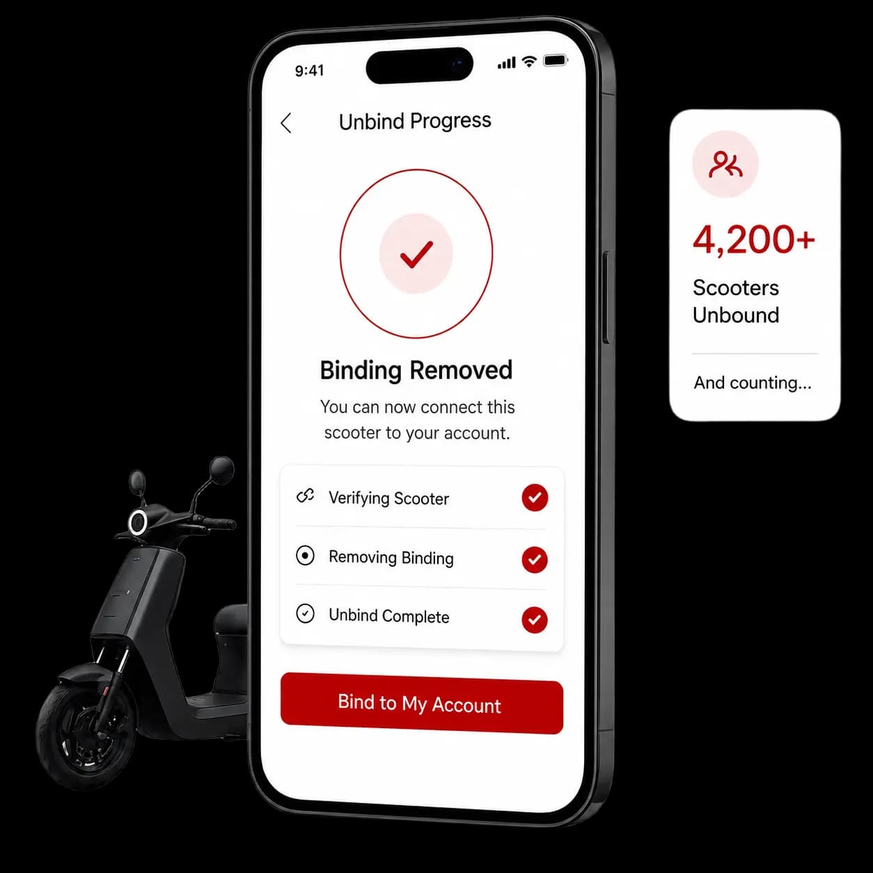 NIU app showing a completed unbind: binding removed, ready to connect to your account